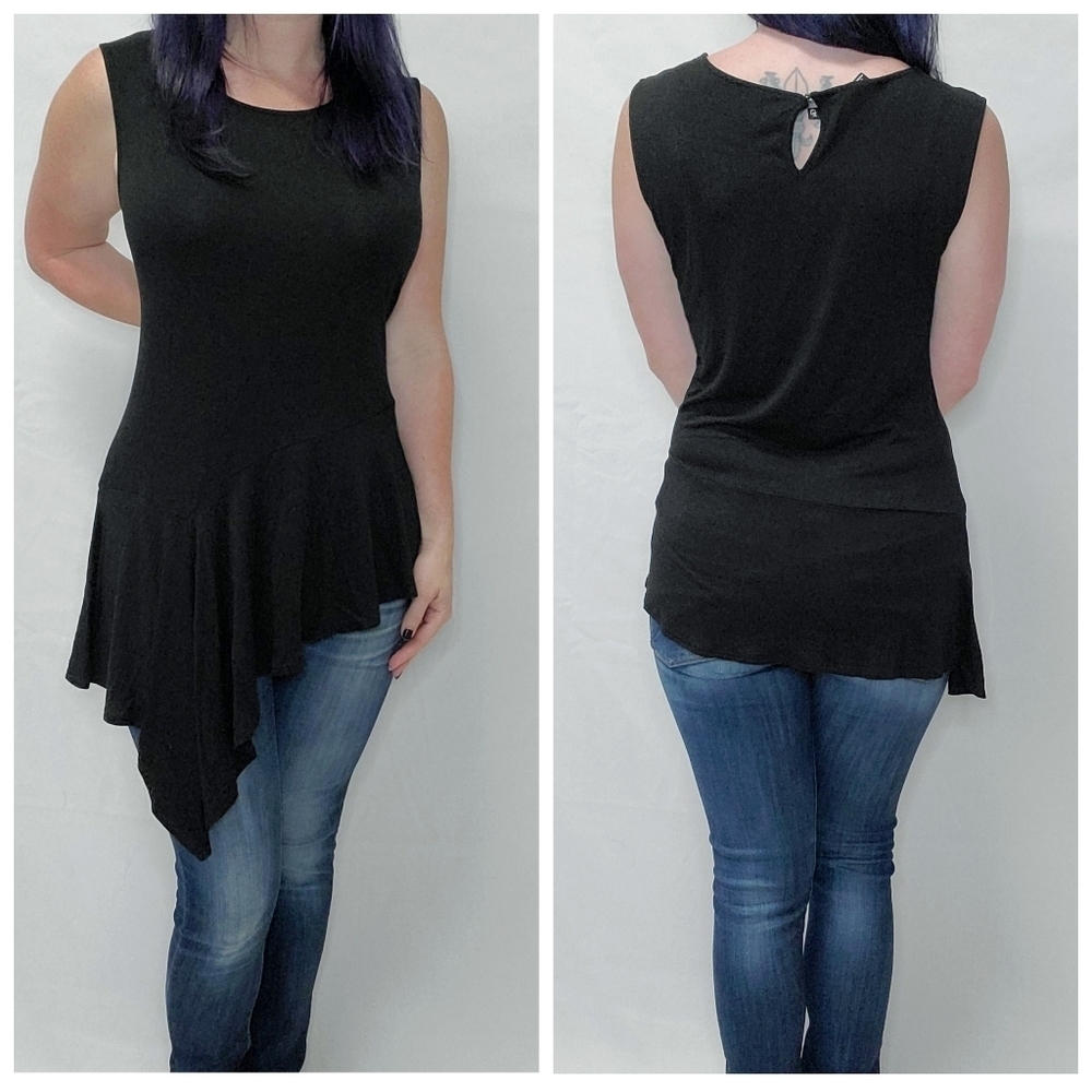 New Directions Black Peplum Asymmetrical Sleeveless Top